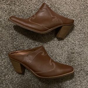Vintage Brown Leather Mules Booties Chunky Heel Pointed Toe Western Boho Unique